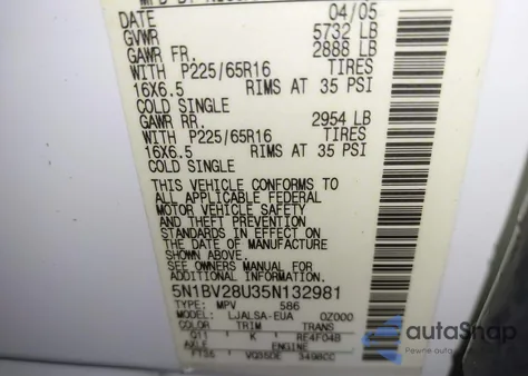 2005 Nissan Quest 3.5 S z USA, uszkodzony, nr VIN 5N1BV28U35N132981